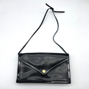 Vintage 70s Meyers Black Patent Vinyl Mesh Envelope Shoulder Bag Purse Clutch